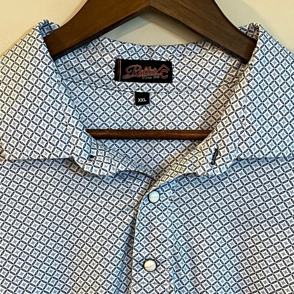 Rafter C Mens XXL Blue White Geometric Pearl Snap Polo Shirt Short Sleeve